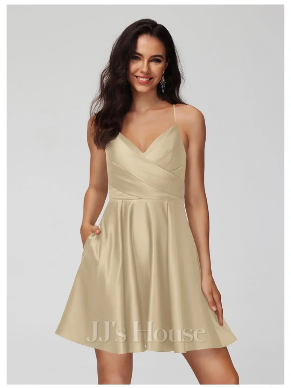 JJ's House Giulia Champagne V-Neck Spaghetti Straps Pleated Satin Dress #274654
